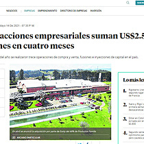 Transacciones empresariales suman US$2.500 millones en cuatro meses